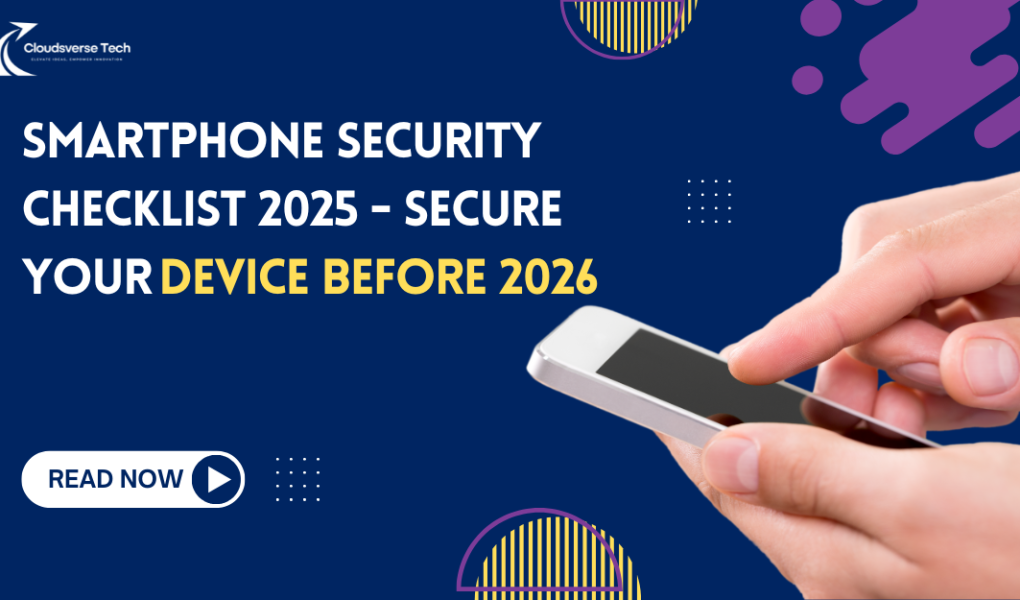 2025 smartphone security checklist banner with mobile protection shield and cybersecurity icons.