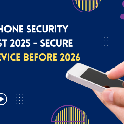 2025 smartphone security checklist banner with mobile protection shield and cybersecurity icons.