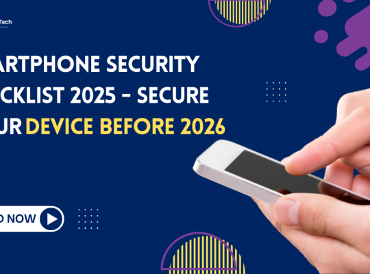 2025 smartphone security checklist banner with mobile protection shield and cybersecurity icons.