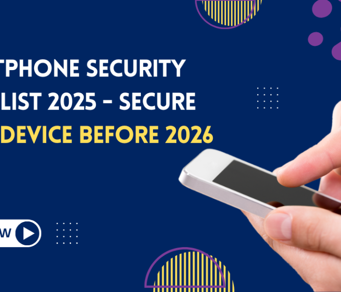 2025 smartphone security checklist banner with mobile protection shield and cybersecurity icons.