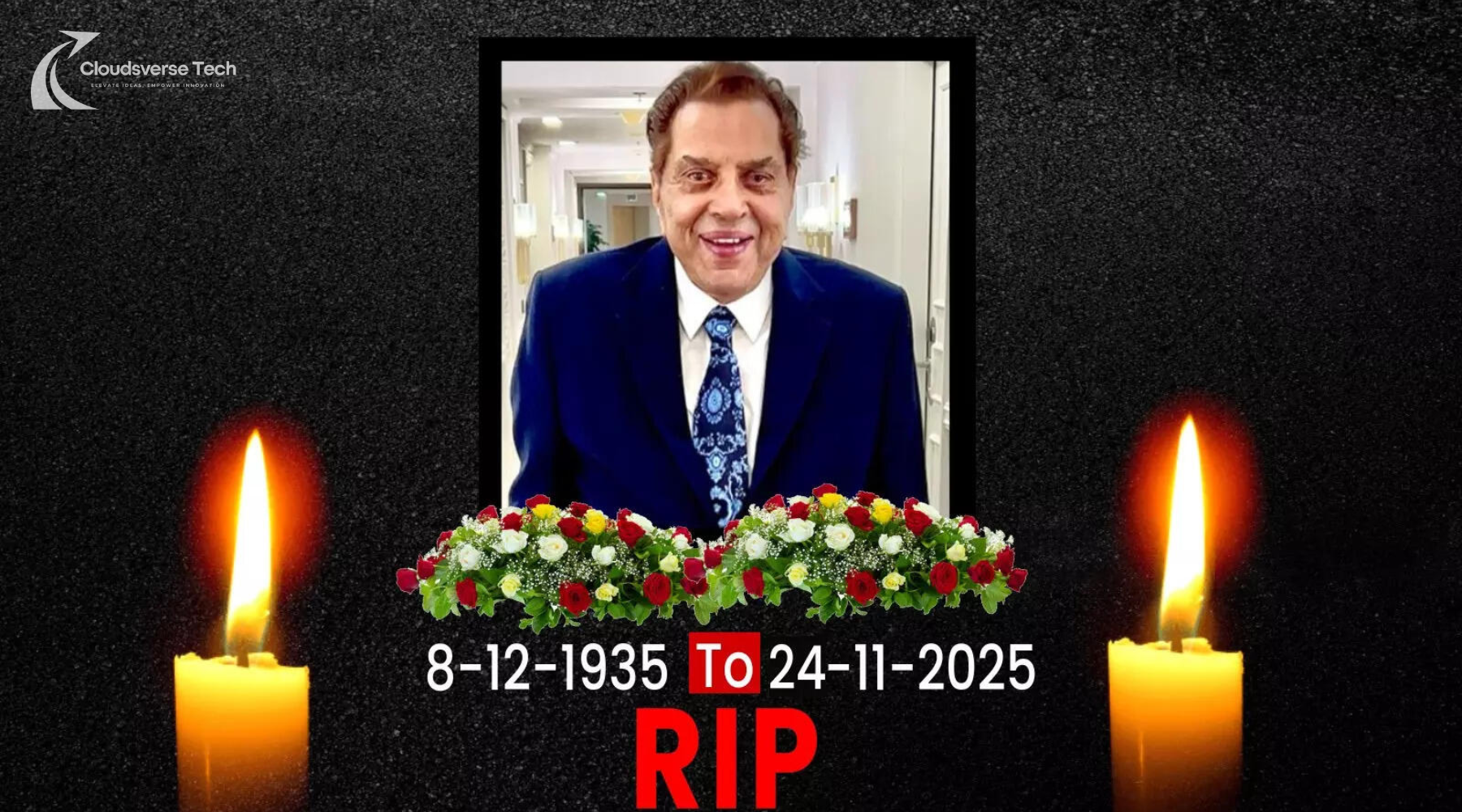 Black-and-white portrait of veteran actor Dharmendra, smiling softly