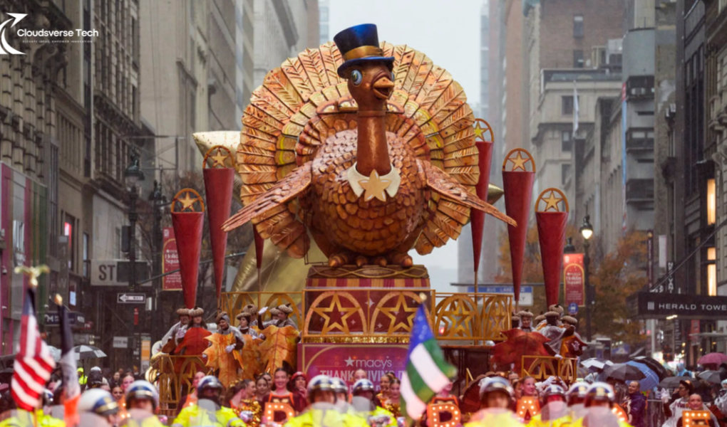 A cozy Thanksgiving dinner table with roast turkey, autumn decorations, and warm candlelight