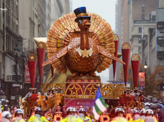 A cozy Thanksgiving dinner table with roast turkey, autumn decorations, and warm candlelight