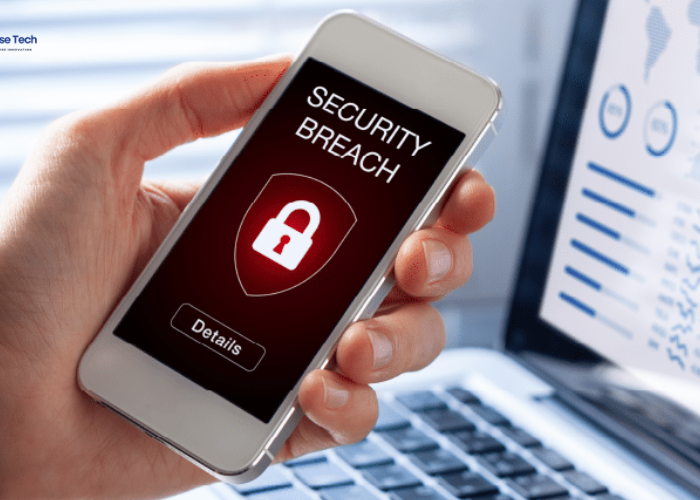 Smartphone with digital shield and hacking indicators representing mobile security attacks