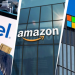 Diverse tech professionals in a workplace with AI graphics overshadowing them