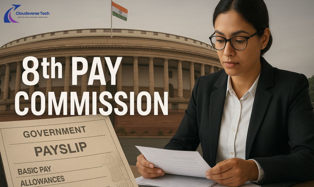 Parliament, payslip and government employee documents representing 8th Pay Commission update.