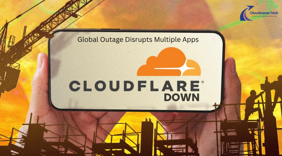Digital world disrupted — multiple popular app icons with error symbol overlay, representing Cloudflare outage