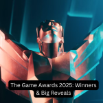 Geoff Keighley onstage at The Game Awards 2025 with Clair Obscur artwork and 2026 trailer thumbnail.