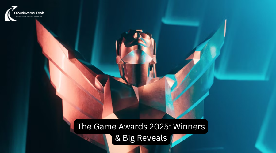 Geoff Keighley onstage at The Game Awards 2025 with Clair Obscur artwork and 2026 trailer thumbnail.