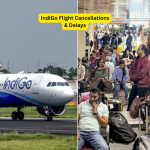 IndiGo airplane grounded at airport with frustrated passengers waiting